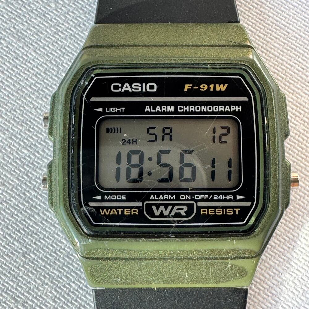 Casio F-91W Olive Green Digital Watch Alarm Chronograph Tested Working Vintage